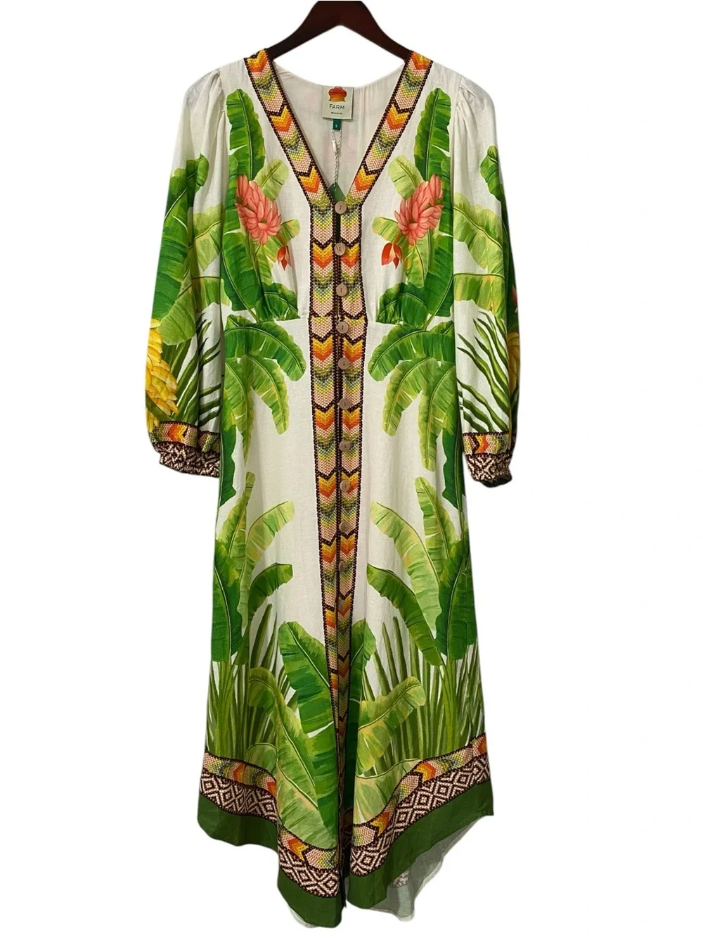 NWT FARM Rio Fresh Forest Tropical Floral Balloon Sleeve Linen Dress Size S - Picture 9 of 13